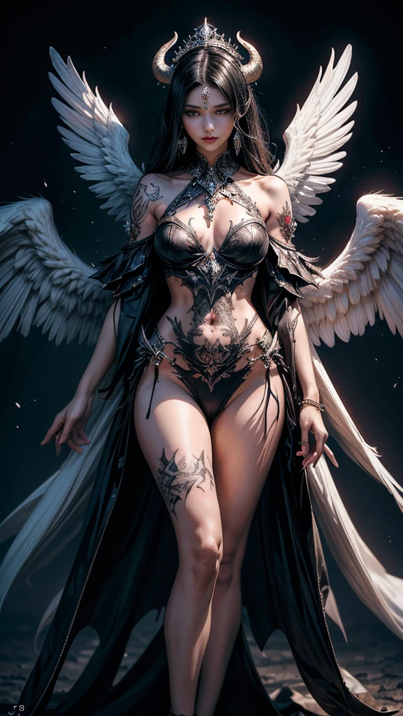 (Realistic picture, highest resolution, 16ก), (A demon with wide wings and immense power on her shoulders., Twelve wings on the shoulders., Bat Wingsสีดำ 3 อัน:1.5 , 3 white angel wings:1.5), Has 100 wings on the shoulders, There are 1000 wings that flow., Twelve wings on the shoulders., Bat Wingsดำ:1.3 white angel wings:1.5), 6 angel wings, 6 devil wings, (Beautiful girl with two meter long hair, Shiny black hair, white skinเรียบเนียน, Lips are very red.), ((stand, already)), (big breasts, big tits), (gigantic breast, breast augmentation, Breast 400 cc., small waist, hips raised, small thighs, Long legs), (dynamic poses), (Armor that slightly conceals the body), Separate theme, (Angel wings and devil wings), floating in the air above the ground, darknessของพื้นหลัง, Embraced with twelve wings, The horns that grow from the head are like a crown., He who has light, wears little armor, There is power coming out of the body., sparkling wings, white light black light, amazing wings, beautiful gesture, 8K resolution, Resolution 4000 x 2250 pixels, beautiful gesture, Angel wings and devil wings, (Realistic picture, highest resolution, 16K), (A demon god with wide wings and enormous power on his shoulders.., Twelve wings on the shoulders., Bat Wings, (RAW shooting:1.5, realistic:1.5, dark fantasy:1.5, 8ก), (Highest quality, Masterpiece, Ultra high resolution), The Desolated Demon World, ((Perfect dynamic composition:1.7, Detailed tattoos all over the body:1.6, Wear exquisite jewelry:1.6)), Highly detailed skin and facial features:1.3, Details of the limbs, (A sexy succubus with big wings.:1.3, beautiful and beautiful:1.3), prisoner of war, slave, Trumpet, white skin, open your legs, chaos, darkness, (Wear shoulder-length clothing correctly.:1.3), big breastsที่กำลังจะระเบิด, Don't show your nipples, ช่องว่างbig breasts, (The expression on your face when you feel a strong touch., Facial expressions when feeling pleasure, A look sunk in joy), beautiful blue eyes, Eyes that give a feeling of elegance and beauty, sexy face, Blush, (Too erotic and cute:0.9, Fascinating:0.9), (An incomprehensible amount of fluid flows throughout the body., Six pairs of large wings, Large devil wings, Wing size