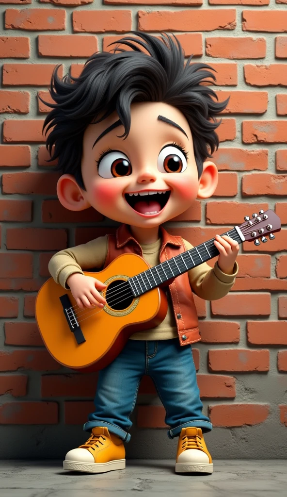 3d kids caricature,slash the playing the guitar, brick wall background