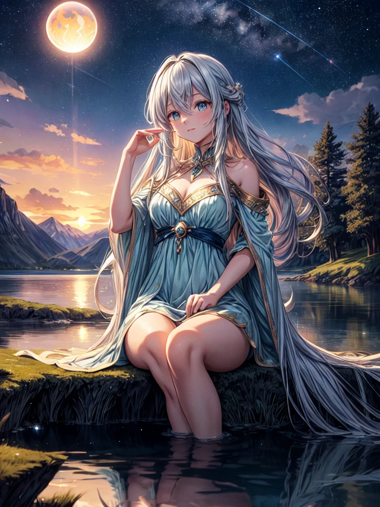 Create a anime style landscape image. Fantasy-style digital artwork featuring a serene night scene by a lake. The layout is vertical, with a woman sitting on the edge of the water under a large tree. She has long, flowing hair and fair skin, wearing a detailed, flowing dress in shades of orange and blue. Her facial features are soft and serene, with a gentle expression. The scene is illuminated by a glowing orb in her hand, casting a warm light that reflects off the water and surrounding area. The background includes a starry sky with a bright moon and distant mountains, adding to the mystical atmosphere. Small, glowing particles float around her, enhancing the magical feel of the image.