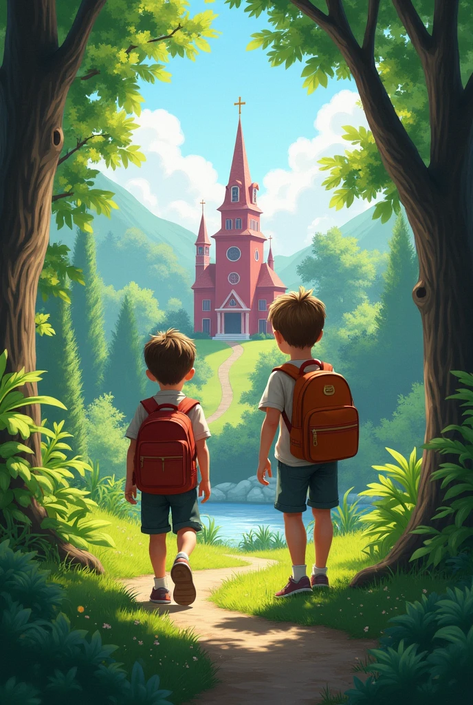 Two boy in the forest in red Church