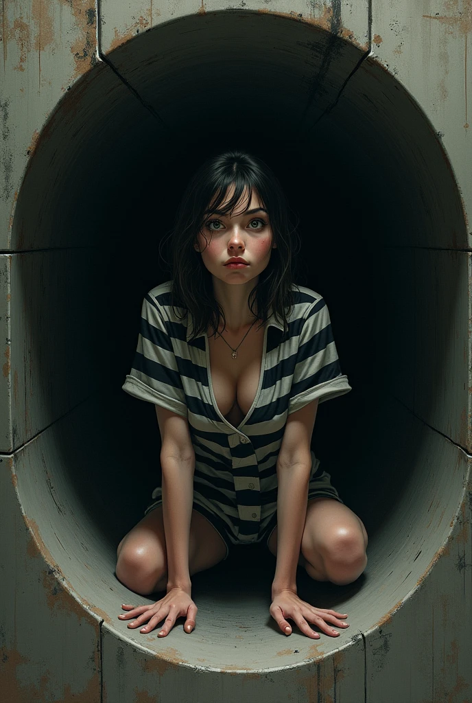 An 18yo girl wearing a prison uniform crawling out of a sewer pipe. Cleavage showing through unbuttoned shirt