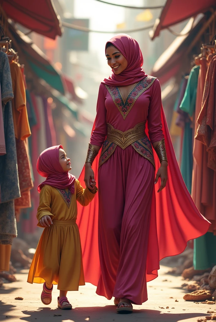 Hijab superhero shopping clothes with her daughter

