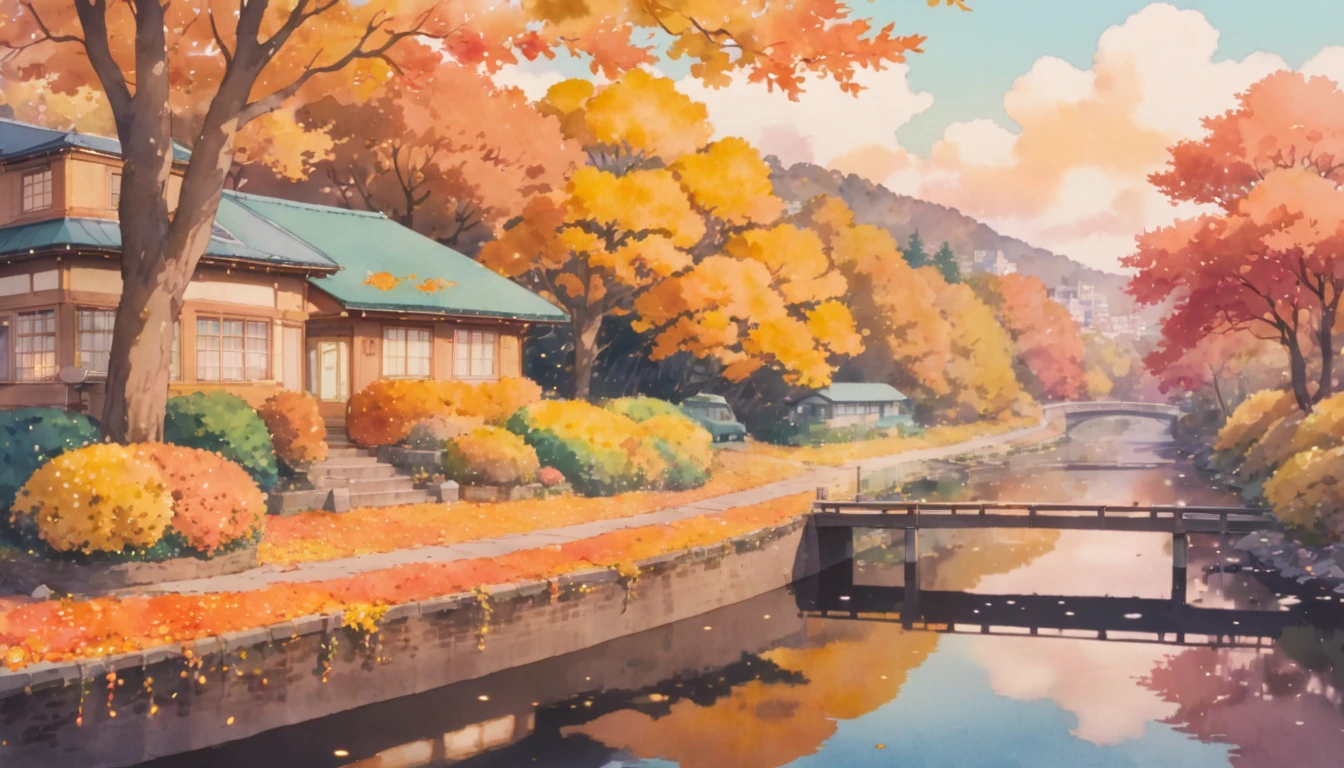 ultrawide Cozy autumn aesthetic fall,Studio ghibli inspired,Watercolor,no people,Lofi,Cute