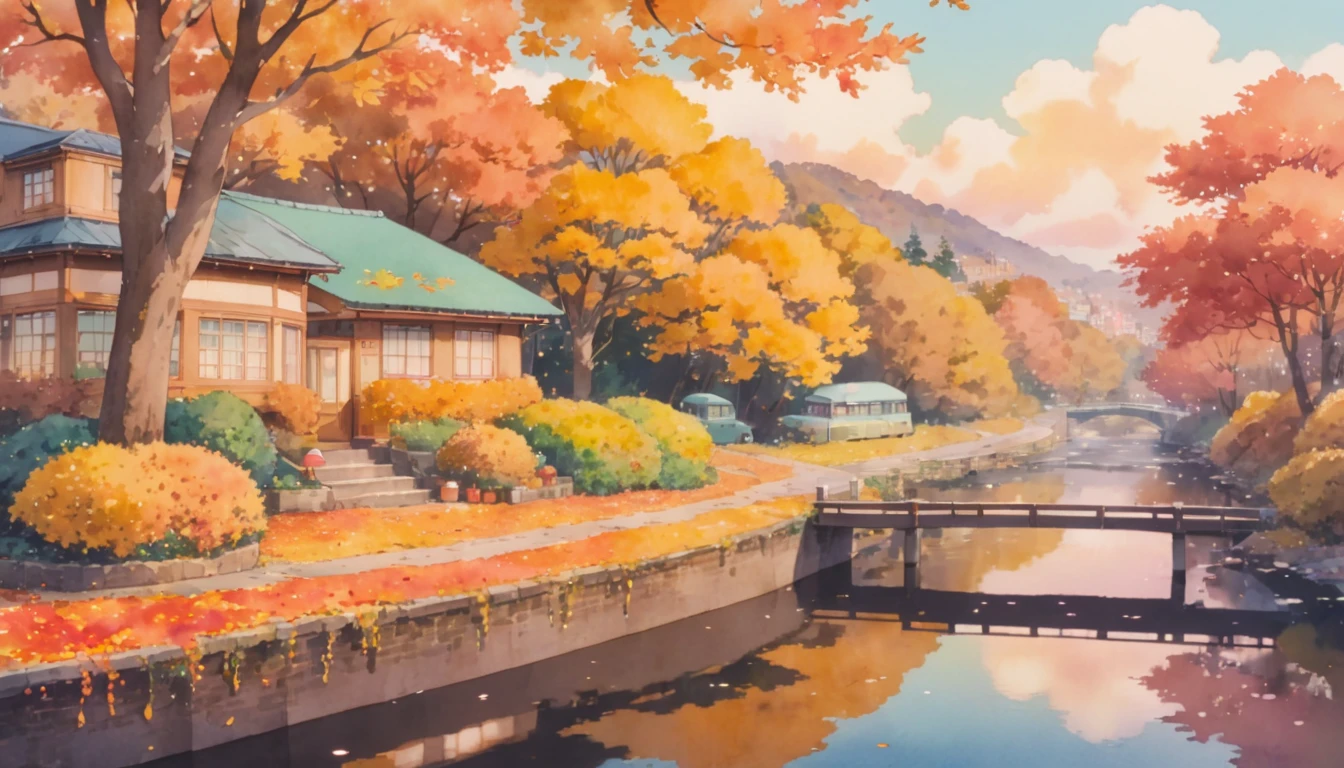 ultrawide Cozy autumn aesthetic fall,Studio ghibli inspired,Watercolor,no people,Lofi,Cute