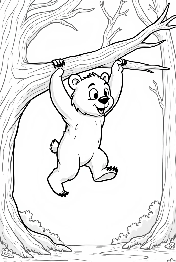 A coloring image of a kid bear precariously hanging from a thick branch of a tall tree, gripping the branch with only its front paws. The bear's body dangles below, its back legs swinging in the air, as if it's about to lose its grip and fall. The bear's expression is a mix of surprise and determination. The scene is set in a dense forest with tall trees, green leaves, and sunlight filtering through the branches No color, white background, cartoon style, thick lines, only strokes