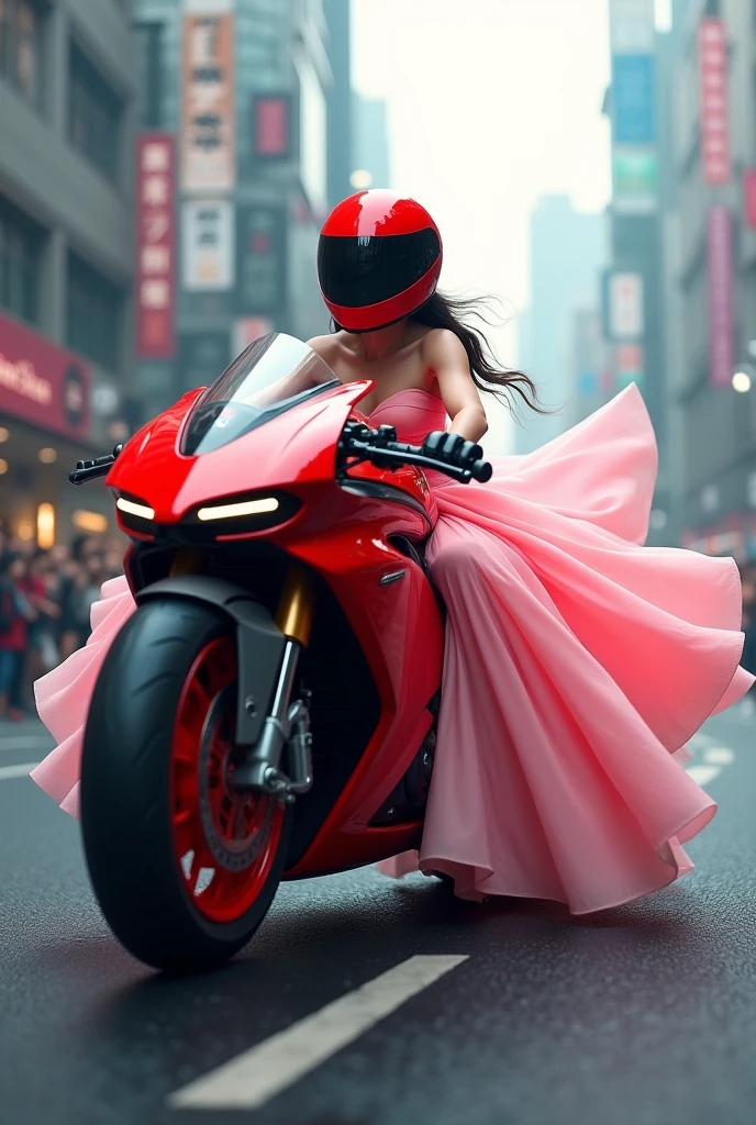 Up Wheelee bike exhaust,girl riding with red helmet,red futuristic bike, silky waving light pink dress,on black road background with sky sctpping street and crowd.