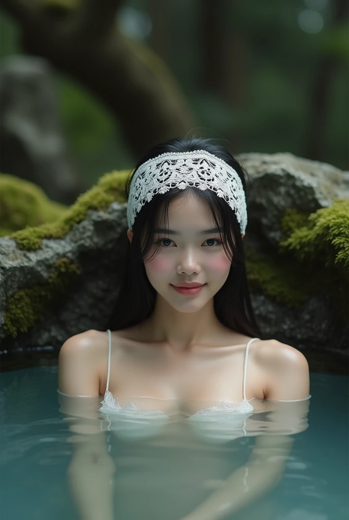 Best Quality, masterpiece, super high resolution, A super model submerged in hot springs in Japan., outdoor hot springs, stone hot springs, rodermals outdoors, stone hot springs, surrounded by moss and trees, super beautiful face, pure body, clear pores visible, (smile:0.8), using division (lace headband:1.2), (Realism:1.5), Photo original, soaked body, covered in sweat, bare shoulders, In the dark, deep shadows, low-key, cold light
