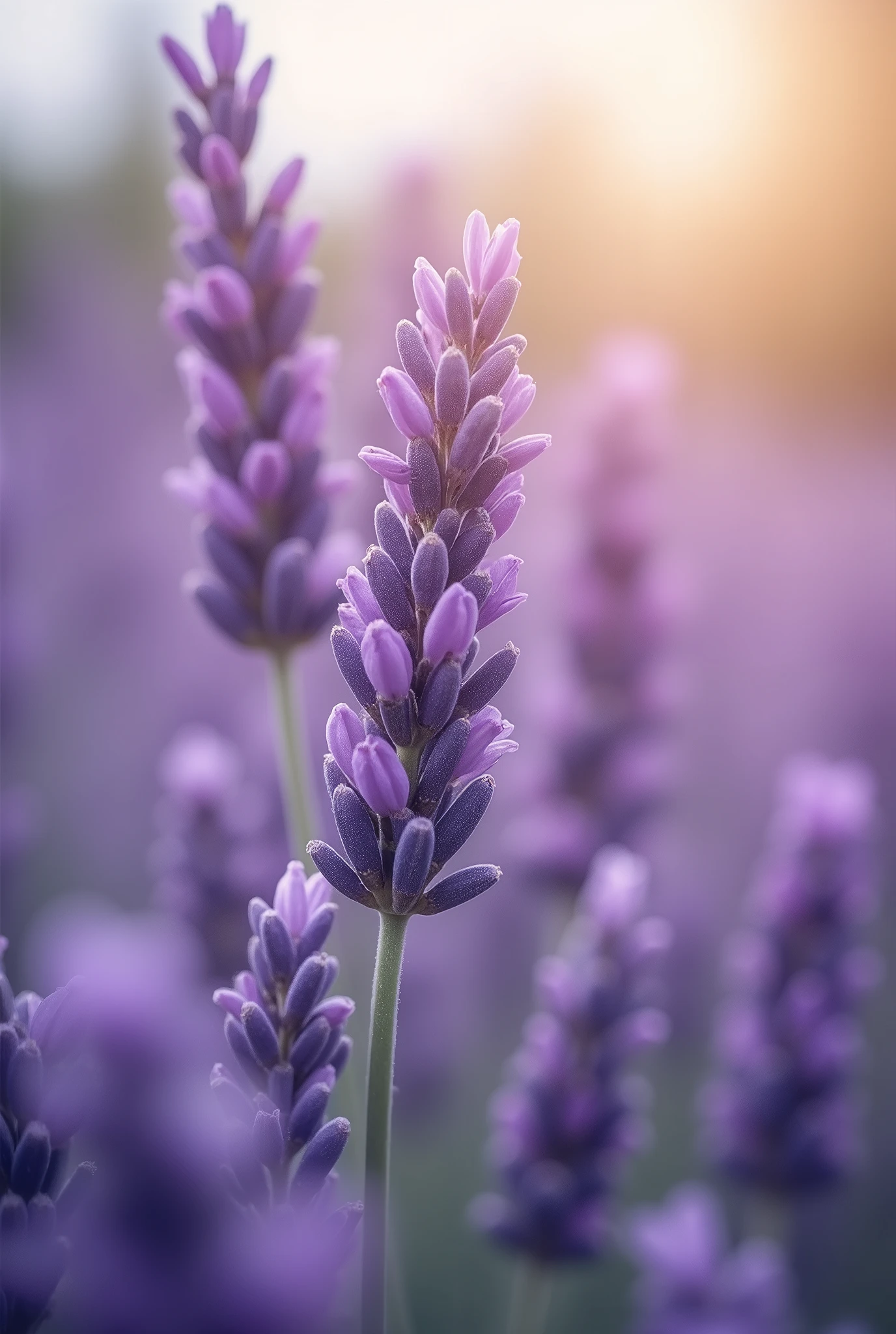 This image is a close-up of fully bloomed lavender flowers. The flowers are a soft shade of purple, illuminated by gentle light, while the background is blurred, enhancing the beauty of the flowers. The petals are delicate, giving an overall elegant impression.