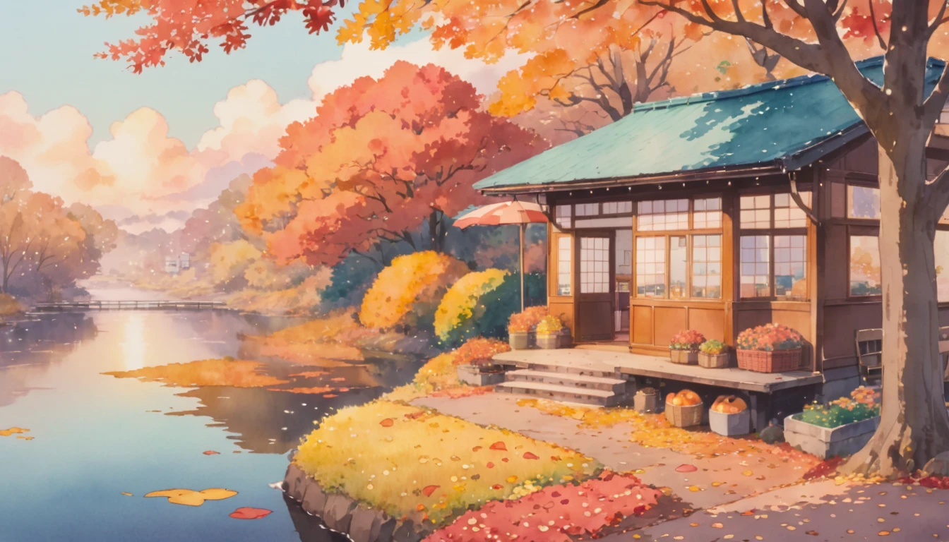 ultrawide Cozy autumn aesthetic fall,Studio ghibli inspired,Watercolor,no people,Lofi,Cute