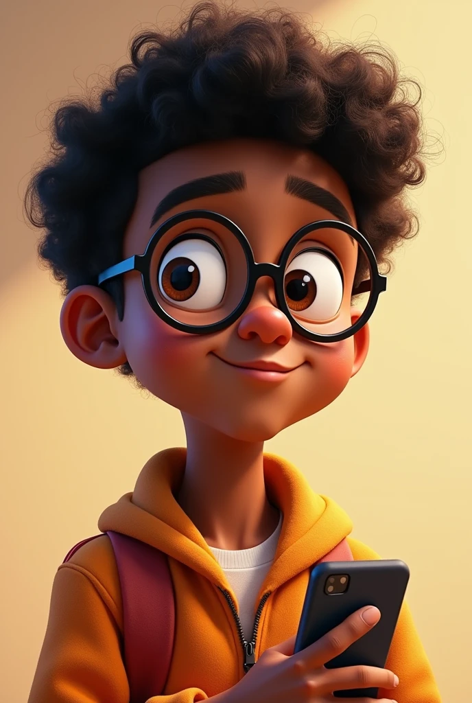 Pixar image of Young man in photo has dark skin, cabelo cacheado e curto, Dark in color. He wears clear, round-framed glasses., that are very prominent on your face. he has thin lips. He is holding a cell phone