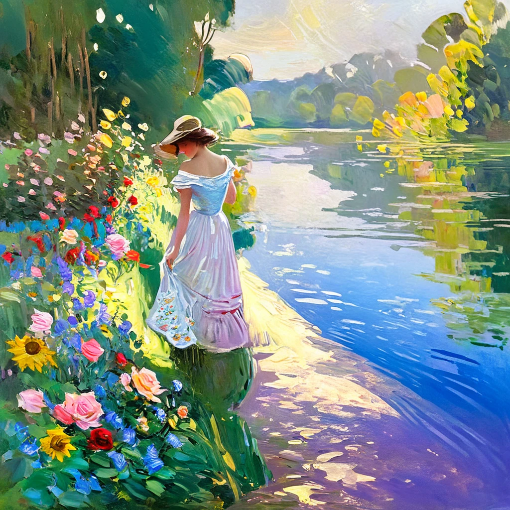 em um jardim, a girl dressed in a flowing dress is standing near a lake. She contemplates the water, captivated by the colorful reflections of the delicate flowers on its surface. The garden is full of vibrant flowers, including roses, lilies, and sunflowers, creating a picturesque scene. The girl's eyes are beautifully detailed, with long eyelashes that enhance her mesmerizing gaze. Her lips are also detailed, adding to the overall charm and grace of your appearance. The sunlight gently illuminates your face, casting soft shadows and giving your skin a photorealistic glow. As the wind rustles through the trees, the leaves dance in the air, creating a sense of movement and vitality. The painting is done in the style of Claude Monet, with brushstrokes capturing the play of light and color in a dreamlike way. The colors are vivid and vibrant, evoking a sense of joy and tranquility. The overall image quality is of the best quality, with ultra-detailed elements that allow the viewer to appreciate every intricate detail. The scene is bathed in warm tones, with a light golden hue that adds a touch of nostalgia. The lighting is natural and soft, casting soft shadows and highlighting the textures of the garden and the dress . The result is a masterpiece of art, a stunning representation of the beauty of nature and the timeless allure of Impressionist paintings.