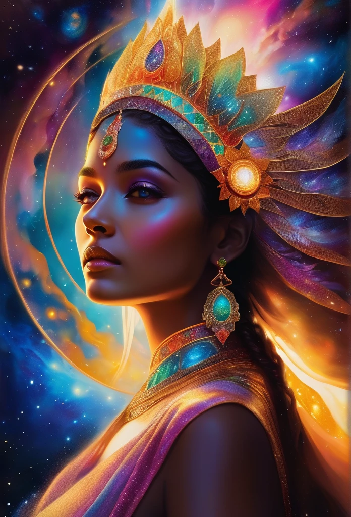 An ethereal cosmic goddess, her holographic form glowing with celestial brilliance against a backdrop of swirling galaxies. This awe-inspiring image is a digitally rendered painting, showing the intricate details of her flowing robes and intricate headdress. Each pixel is meticulously crafted to capture the essence of otherworldly grace, with a mesmerizing play of light and color. The image draws viewers into a mesmerizing realm of cosmic beauty and divine presence.