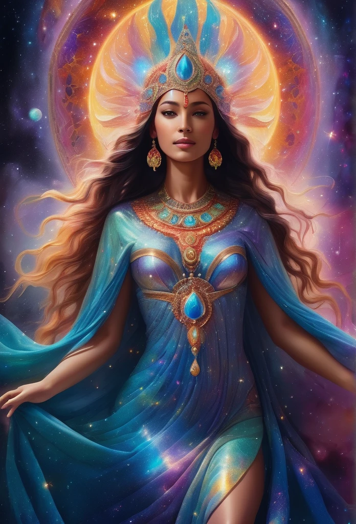 An ethereal cosmic goddess, her holographic form glowing with celestial brilliance against a backdrop of swirling galaxies. This awe-inspiring image is a digitally rendered painting, showing the intricate details of her flowing robes and intricate headdress. Each pixel is meticulously crafted to capture the essence of otherworldly grace, with a mesmerizing play of light and color. The image draws viewers into a mesmerizing realm of cosmic beauty and divine presence.

