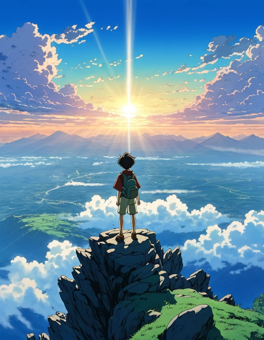 stylo anime Ghibli Image of the boy standing on top of a mountain at sunrise., contemplating a vast landscape. The sky is wide and open., symbolizing infinite possibilitiesanimated clouds lighting!!!!!! and shadow,