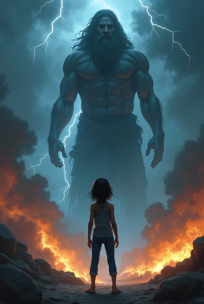 I want a mysterious picture. My book is on an ancient greek civilisation.  Dark theme. Zeus should be standing behind the girl. She has dark hair and a tomboy. I want a dark zeus standing behind her. Also only her back is visible.  She ll be surrounded by thunder and lightning and also fire. No frocks or dresses. A jeans and shirt. Also dark zeus. Only surrounded by fire and lightning. And no anime. Realistic picture. A dark one. Zeus should not be visible a lot. Like people shouldnt know its zeus. So just a darkenned zeus.