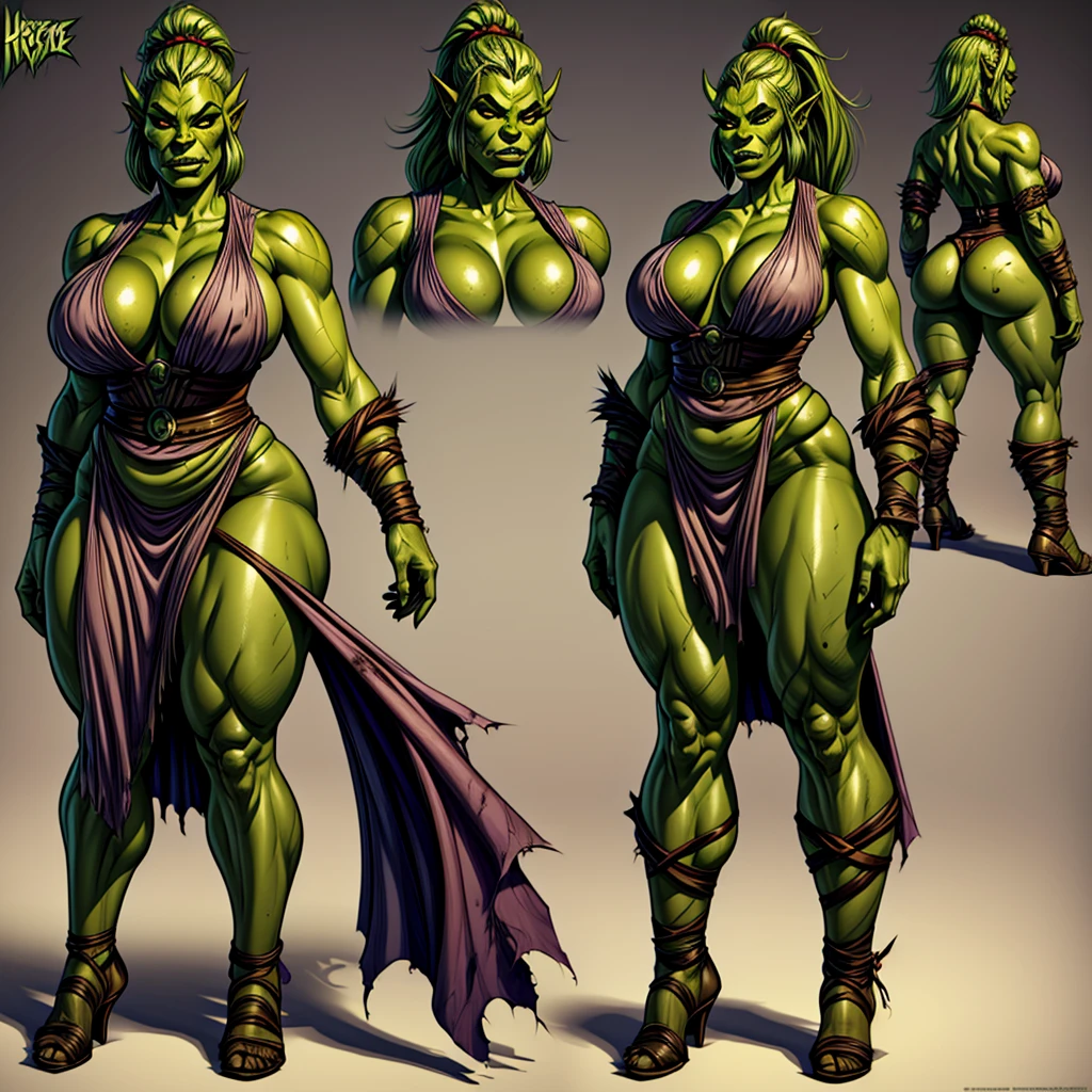 (masterpiece), (high quality), crazy details, Character Design Sheet , young orc woman, female orc, green skin, fearsome, dirty skin and hair, wearing dirty linen dress, big breast, curvy body, character reference sheet, character turn around, different poses and expressions, shewoworc
