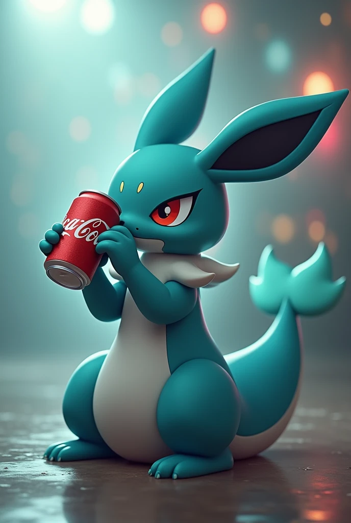 Vaporeon (pokémon), wide hips, Black eyes, plump tail, chubby rear, thick thighs, bending over to drink coca cola, rear view 