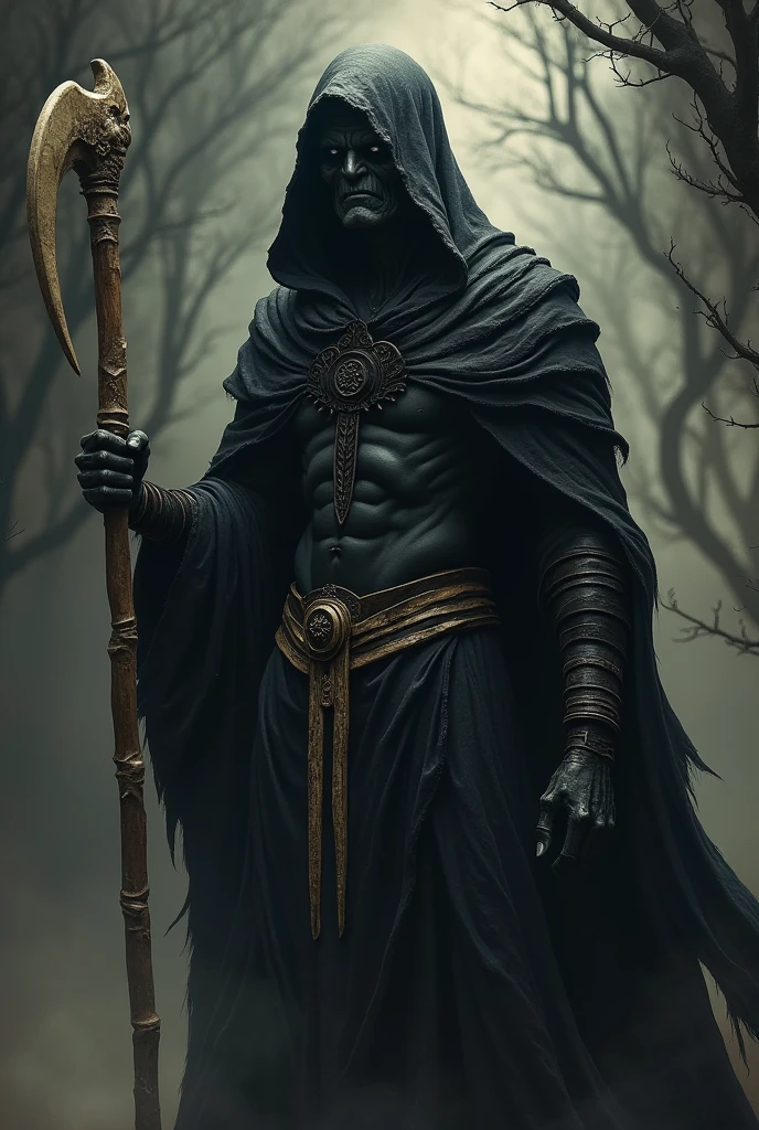 Create a god of death from Brazilian indigenous culture, he must be black skinned, in black clothes and with a bone sickle.