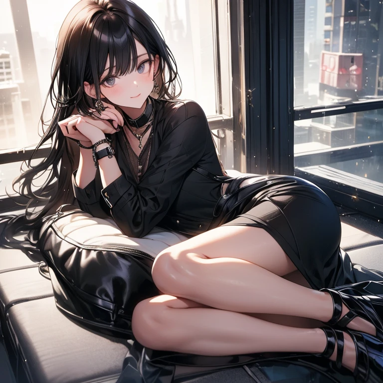 Attention to detail, high quality, high resolution, 4K, 8K, raining outside the window, the window is floor-to-ceiling glass, she is inside the coffee shop, she has long black hair, she is relaxing, she is drinking coffee, she has beautiful eyes, black eyes, casual cloths, warm atmosphere, calm atmosphere