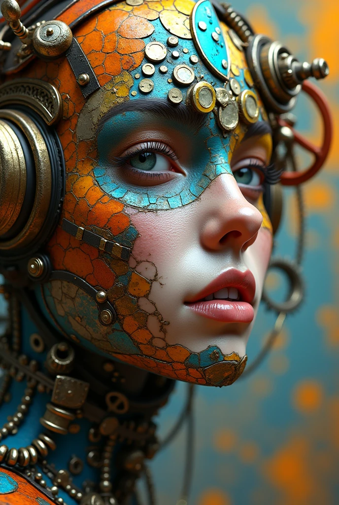 A striking, close-up portrait of a steampunk-inspired human face, adorned with an intricate mosaic of metal, glass, and other materials. In vibrant shades of orange, blue, and gold, the mosaic partially obscures the face, revealing only the eyes, nose, and lips. The face seamlessly blends human features with a mechanical aesthetic, showcasing a captivating blend of organic and industrial elements. The background is an abstract, colorful explosion of the same hues, with hints of gears, cogs, and mechanical structures, creating a surreal and mesmerizing atmosphere.