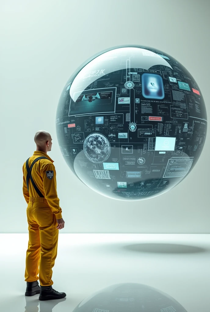 floating transparent sphere full of technological screens each with different images and social networks , and a bald man dressed in modern yellow overalls with coat of arms on the shoulder sleeve, from the side and outside of this sphere looking at it .