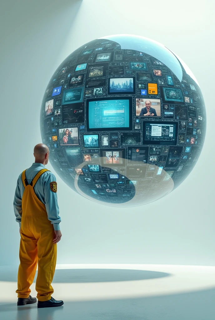 floating transparent sphere full of technological screens each with different images and social networks , and a bald man dressed in modern yellow overalls with coat of arms on the shoulder sleeve, from the side and outside of this sphere looking at it .