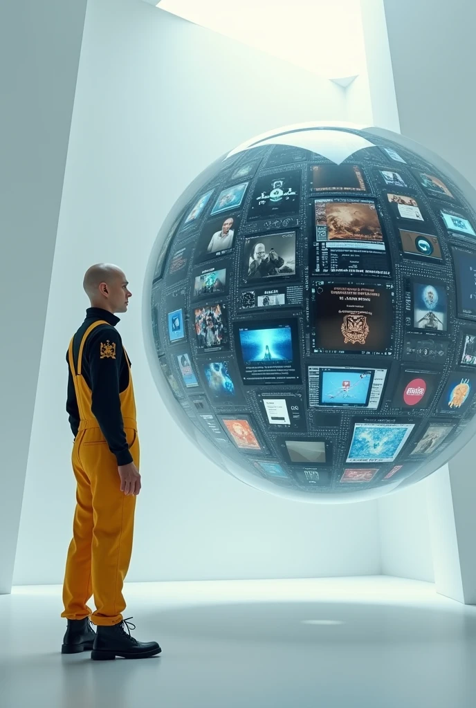 floating transparent sphere full of technological screens each with different images and social networks , and a bald man dressed in modern yellow overalls with coat of arms on the shoulder sleeve, from the side and outside of this sphere looking at it .