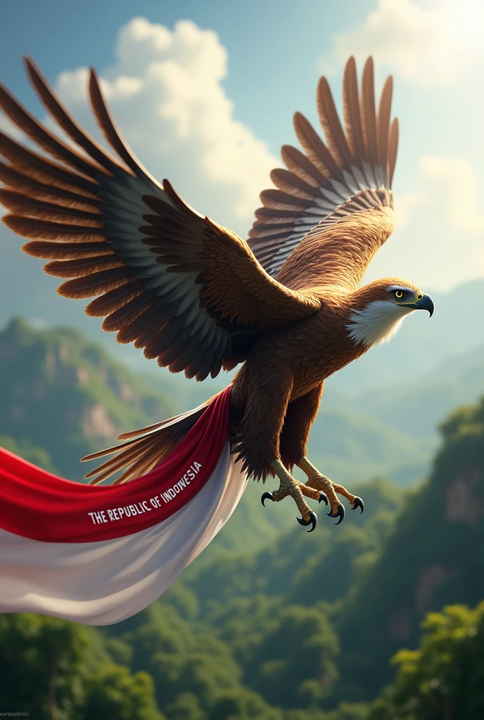 Eagle. flap its wings. a red and white ribbon sash that says the Republic of Indonesia