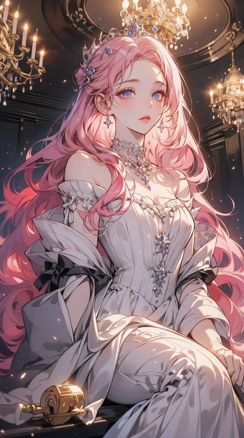 ((best quality)), ((ultra high definition)), ((masterpiece)), ((Romance Fantasy)), ((illustration)), (detailed), (clear), (Perfect), 1 woman, mature, beautiful, pure, calm, long pink hair with bangs, straight hair, white skin, Sapphire blue eyes, Deep double eyelids, abundant eyelashes, pretty lips, big bust, small waist, A gorgeous purple dress, diamond studded necklace, diamond tiara, ceiling with chandelier, A splendid banquet hall