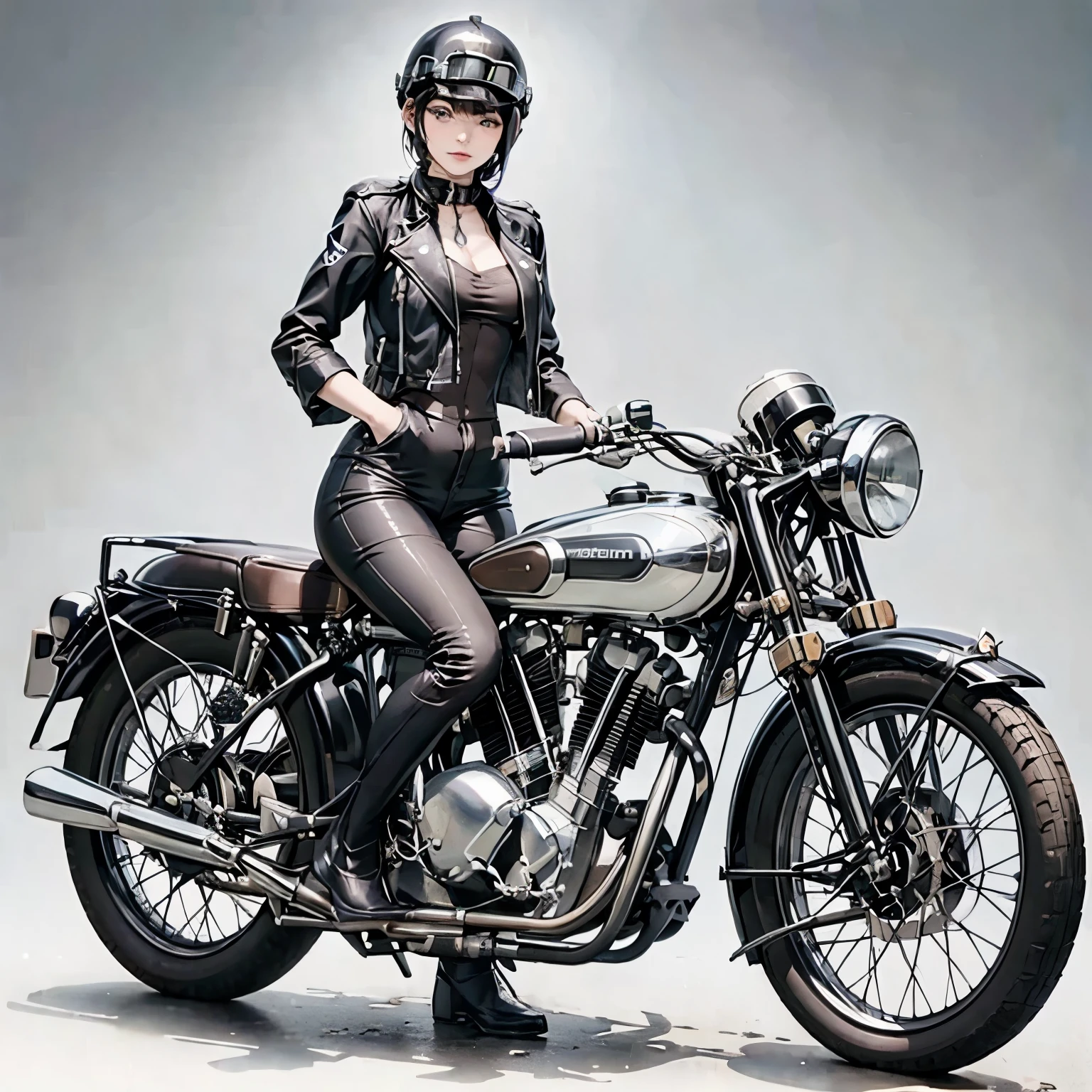 Bluff Superior SS100、(クラシックRiding on motorcycle )、(Vintage Bikes、Bluff Superior SS100)、Isle of Man Races、 (Riding on motorcycle:1.2), Beautiful young woman、1、Beautiful Face, Beautiful and delicate eyes, Black Hair, Short Bob Hair,  Classic Leather Jacket、Cromwell helmet with goggles、After the Rain、English countryside、 Detailed Description、(Highest quality, masterpiece, High resolution)、8k、wallpaper
