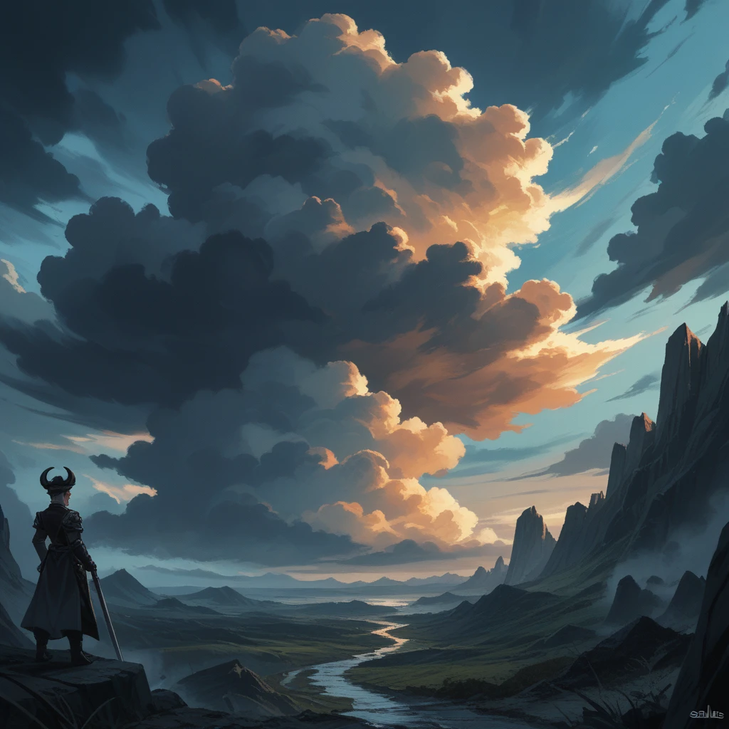 A haunting and emotional image that complements the dark and somber lyrics provided. The scene shows a solitary figure standing in the midst of a stormy, desolate landscape, surrounded by creeping shadows. The figure appears to be lost and broken, with their head bowed down and their body language expressing deep sorrow. The background features dark, stormy clouds, distant thunder, and a sense of isolation. The color palette is dominated by dark tones such as black, gray, and deep blues, with subtle highlights to emphasize the figure's loneliness and despair