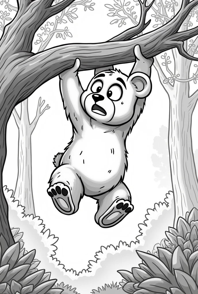 A coloring image of a worried kid bear hanging from a thick branch of a tall tree, gripping the branch with only its front paws. The bear's body dangles below, its back legs swinging in the air, as if it's about to lose its grip and fall. The bear's expression is a mix of surprise and determination. The scene is set in a dense forest with tall trees, green leaves, and sunlight filtering through the branches No color, white background, cartoon style, thick lines, only strokes