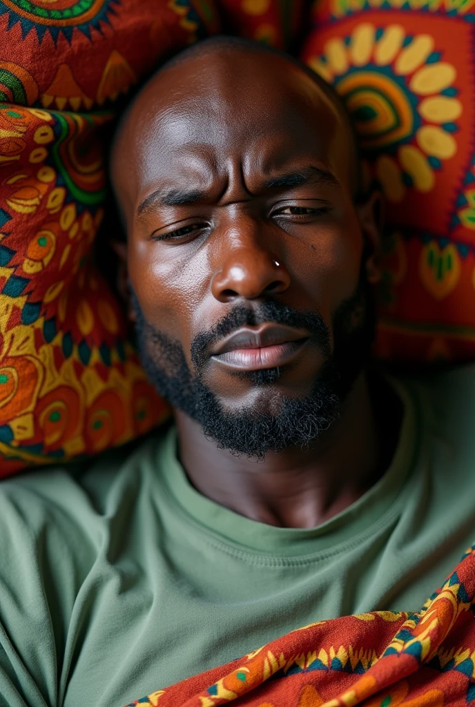 Bald, brown-skinned Bahian man crying with an Olodum t-shirt lying on the Olodum bed