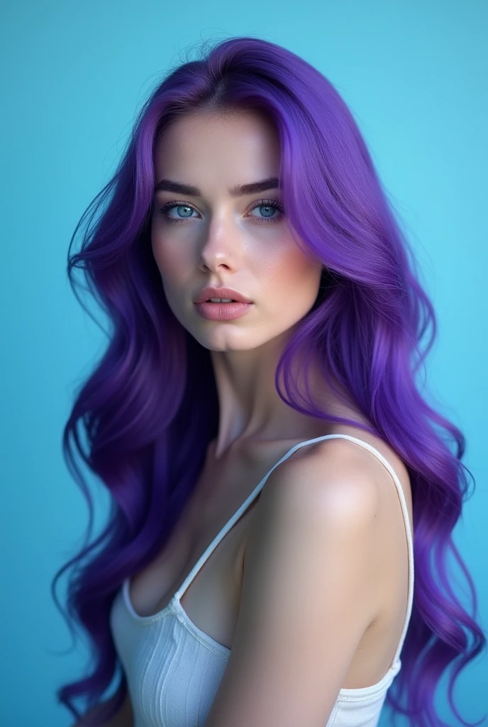 Model with purple hair on a blue background