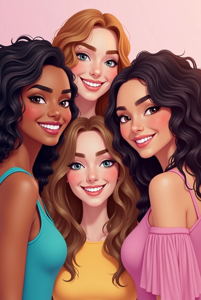 Make a podcast cover that has 4 smiling girls, two brunettes with long curly hair, and a brunette with straight hair and a white woman with wavy hair