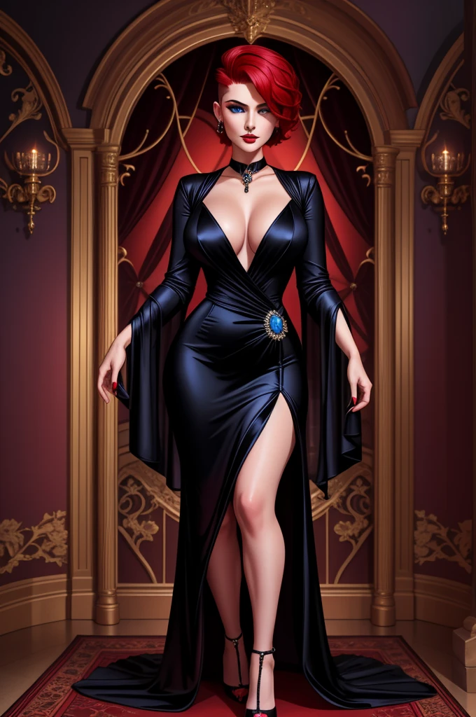 a  portrait of a babe temptress , vampire, elegant black evening dress, perfect face, pretty face, glowing blue eyes, crimson hair, Hi-top fade, very short hair, full body shot