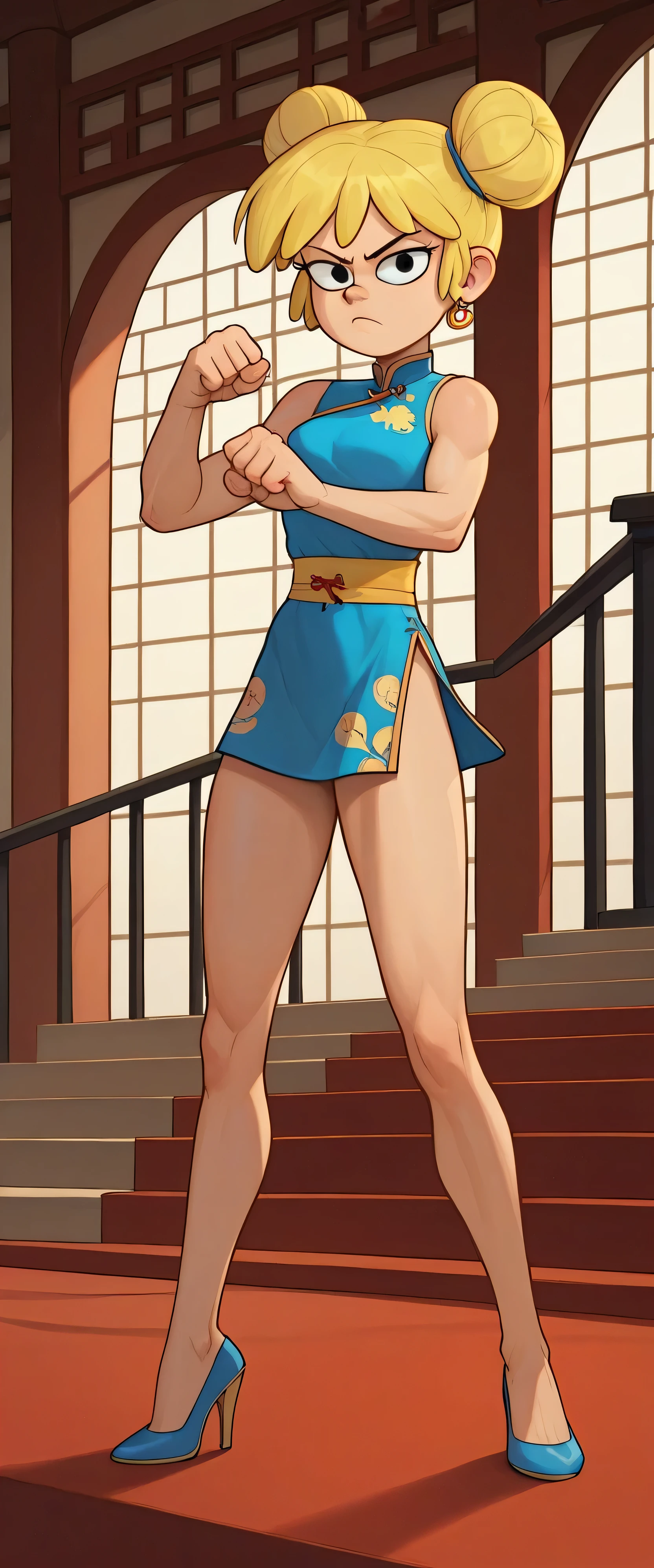 lori loud, 1girl, solo, 24yo girl, blue cheongsam,  inside of a chinese style temple, looking at viewer, blonde hair, short hair, two hair buns , hands  score_9, score_8_up, score_7_up, high heels,teep fighting stance,martial arts, guarding the stairs, stairs behind her