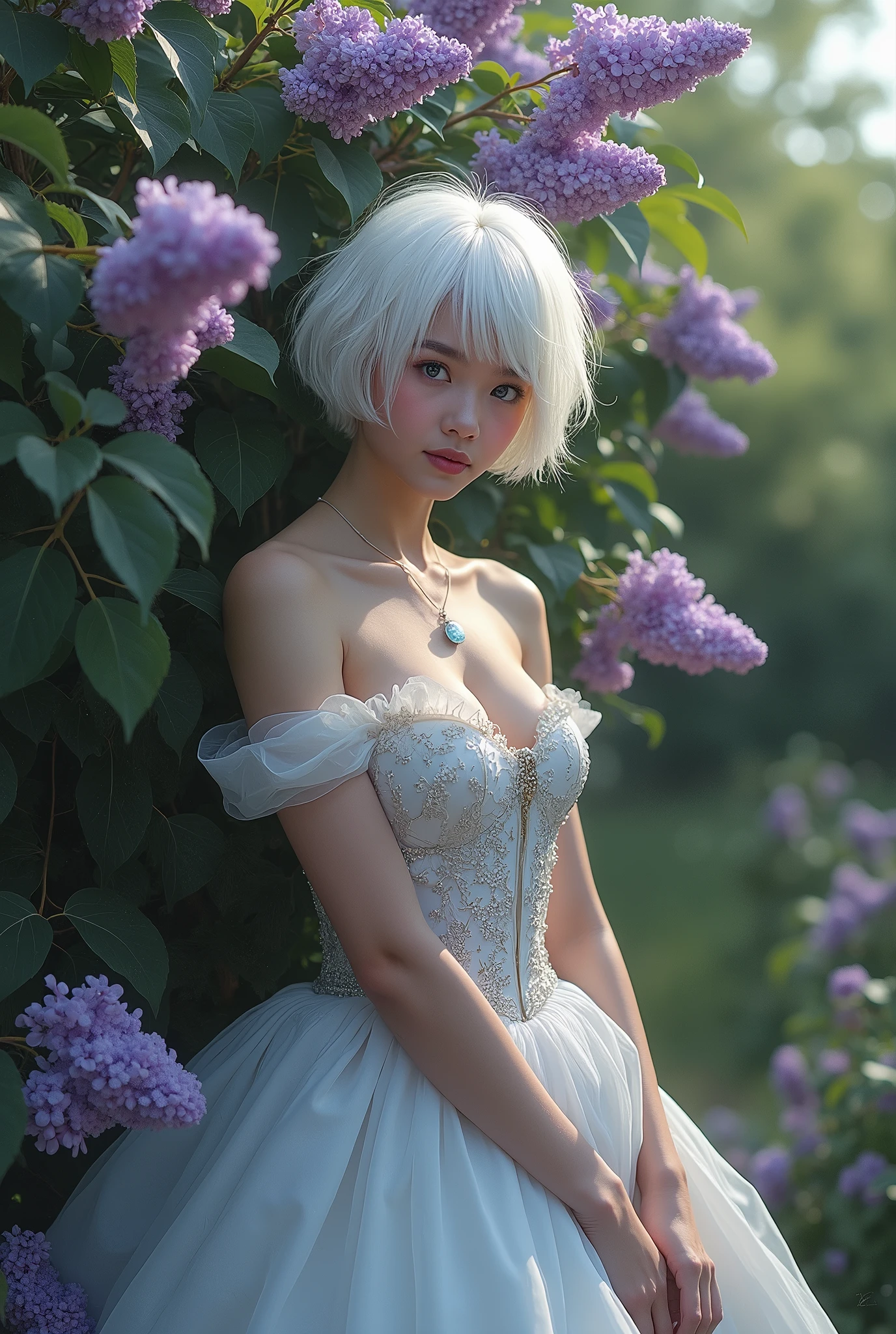 portrait, Fantasy, world, garden, a lot of vegetation, flowers, girl, short white hair, in a chic ball gown, Blue eyes, expressive breasts, hid in bushes of flowers, bunches of lilacs, peeks out from behind bushes of flowers