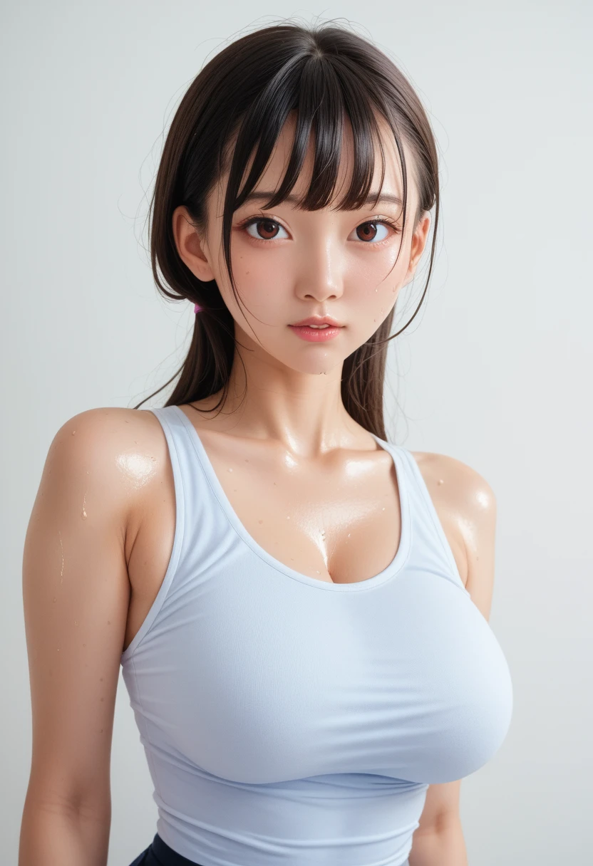 score_9,score_8_up,score_7_up,(pastel-color),(high brightness colors),Cute 20-year-old Japanese 1 girl,solo,(8k, masterpiece, ultra-detailed, best quality, ultra high res, newest, very aesthetic, absurdres, illustration, perfect composition),(hires),looking at viewer,black hair,shiny skin,fair skin,(upper body:1.5),toothless smilev,emphasizing her curvy body and large breasts,(sweat skin:1.5),(Tank top:1.3)