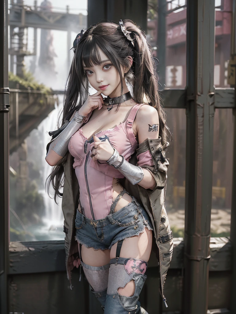 (Full Body View:1.4)、(Side view:1.2)、(Smiling with teeth showing:1.3),(Shibuya Gal:1.5)、(Beautiful:1.5)、(Punk RockVisual Kei:1.4)、(Yellow denim with khaki and brown medieval tattered zip up:1.5)、(Pink arm covers and tattered bugle pants:1.5)、(Denim colored high heels:1.3)、(Wearing silver accessories:1.5)、(Pink collar:1.4)、(Leather garter belt:1.4)、(Pink skin belt:1.3)、(Olive-colored lace underwear:1.5)、30 years old、NSFW、((Highest quality、In 8K、masterpiece:1.3))、Sharp focus:1.2、(Layered Cut、Huge boobs:1.1),Beautiful woman with perfect figure:1.4、(Doing an aerobics pose:1.3)、Slender Abs:1.2、Highly detailed face and skin texture、Detailed eyes、double eyelid,(Twin tails:1.3)、(Brown-black hair:1.3)、Gravure idol、(A fairytale palace with a beautiful vast waterfall in the background:1.3)、(Slim Body:1.3),(Make your legs thinner:1.4),(Thin, thin thighs:1.3)、(clavicle:1.1)