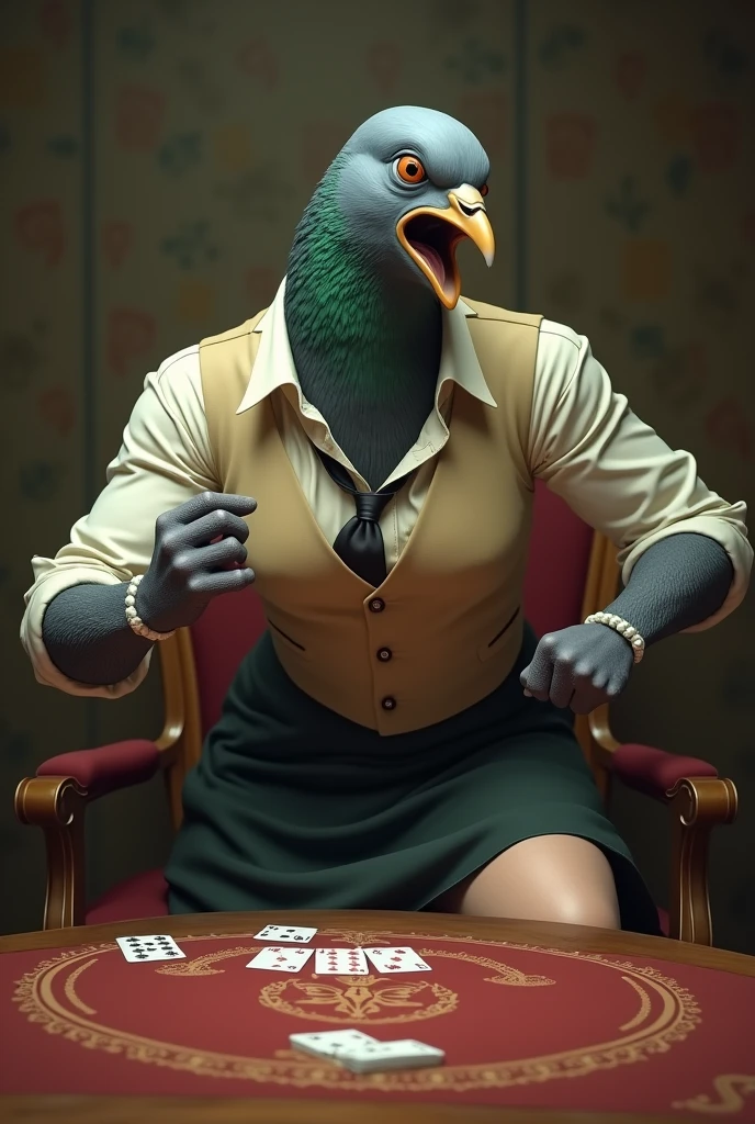 ((Highest quality)), ((masterpiece)), (photograph), (front), 怒りの表情のGray female pigeonがオフホワイトで襟付きのshort-sleeved shirtに薄茶色のベストを着てひざ丈の黒いスカートに濃い緑の靴下と黒の靴を履いて、He is playing cards at the table and pointing at me、(Gray female pigeon)、(short-sleeved shirt)、photographのようなリアルな画像。
