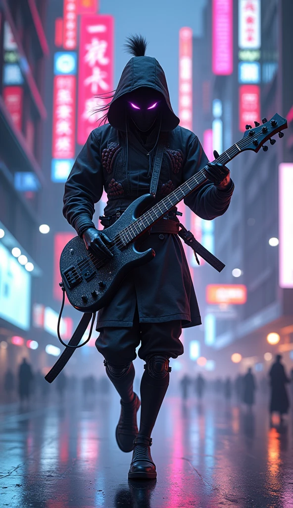 Bushido Samurai Drift from movie transformer playing guitar bass electric on stage,, ((cyberpunk style)), Hi-Tech city, mechanical enhancement, (high-tech fantasy), robotics, blade runner 2049