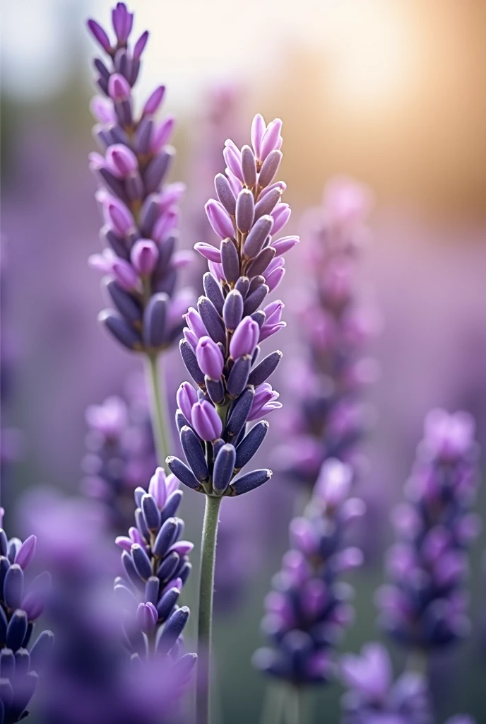This image is a close-up of fully bloomed lavender flowers. The flowers are a soft shade of purple, illuminated by gentle light, while the background is blurred, enhancing the beauty of the flowers. The petals are delicate, giving an overall elegant impression.