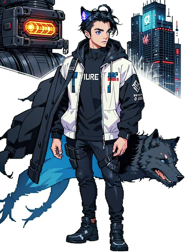 a cyberpunk young man, 20 years old, full body, black cyberpunk clothes, black hair, blue eyes, wolf ears and tail, pixel art, (best quality, 8k, photorealistic, cinematic lighting, hyper detailed), White background.