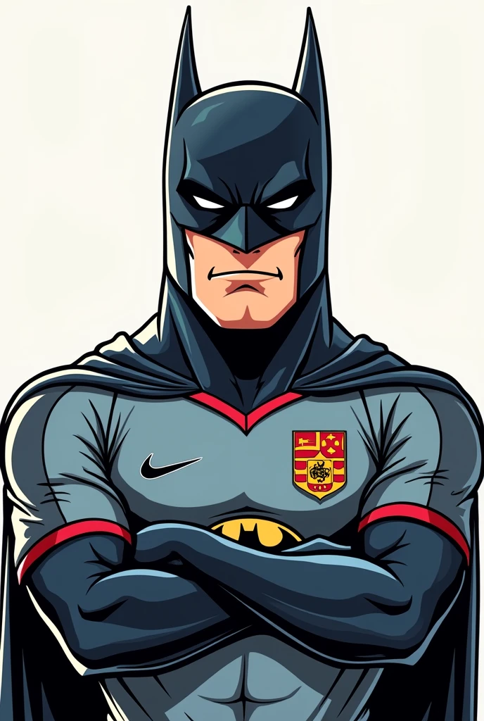 Comic style cartoon drawing of Batman wearing a soccer shirt with a front pose and arms crossed, half body only , but with a team&#39;s shield

