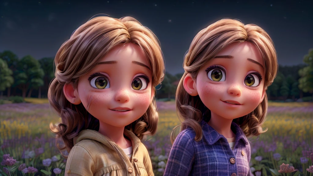 starry night sky, two children playing in flower field, detailed facial features, beautiful detailed eyes, beautiful detailed lips, extremely detailed face, long eyelashes, girl in flowing dress, wind blowing hair, dreamlike, magical, glowing fireflies, vibrant colors, soft lighting, (best quality,4k,8k,highres,masterpiece:1.2),ultra-detailed,(realistic,photorealistic,photo-realistic:1.37),vibrant colors,natural lighting