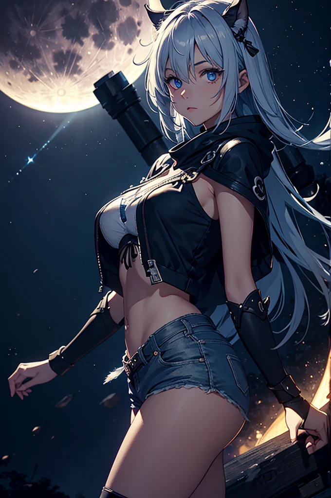 natta, fullmoon, blue rimlight lighting on the character&#39;s shoulder, elf woman with braided black hair in light armor, with traces of white clothing underneath, witch&#39;s hat, delicate face with strong expression and smile at the corner of the mouth, honey colored eye, making a magic ball and with electricity passing through the arms, in a forest with purple light butterflies flying around you, open angle, grabbing the whole body, concept art style