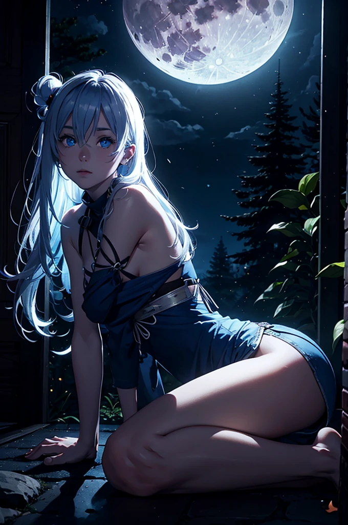master part, high, high quality, detailed face, Detailed body, slim body, full body, Loli, 1girl, solo, nude, nude shoulders, naruko uzumaki, twintails blue hair, blue eyes, necklace, smile, looking at the viewer, large breasts, sexy pose, dark lips, standing, blushes, balcony with night view, night, moon and stars, nebula