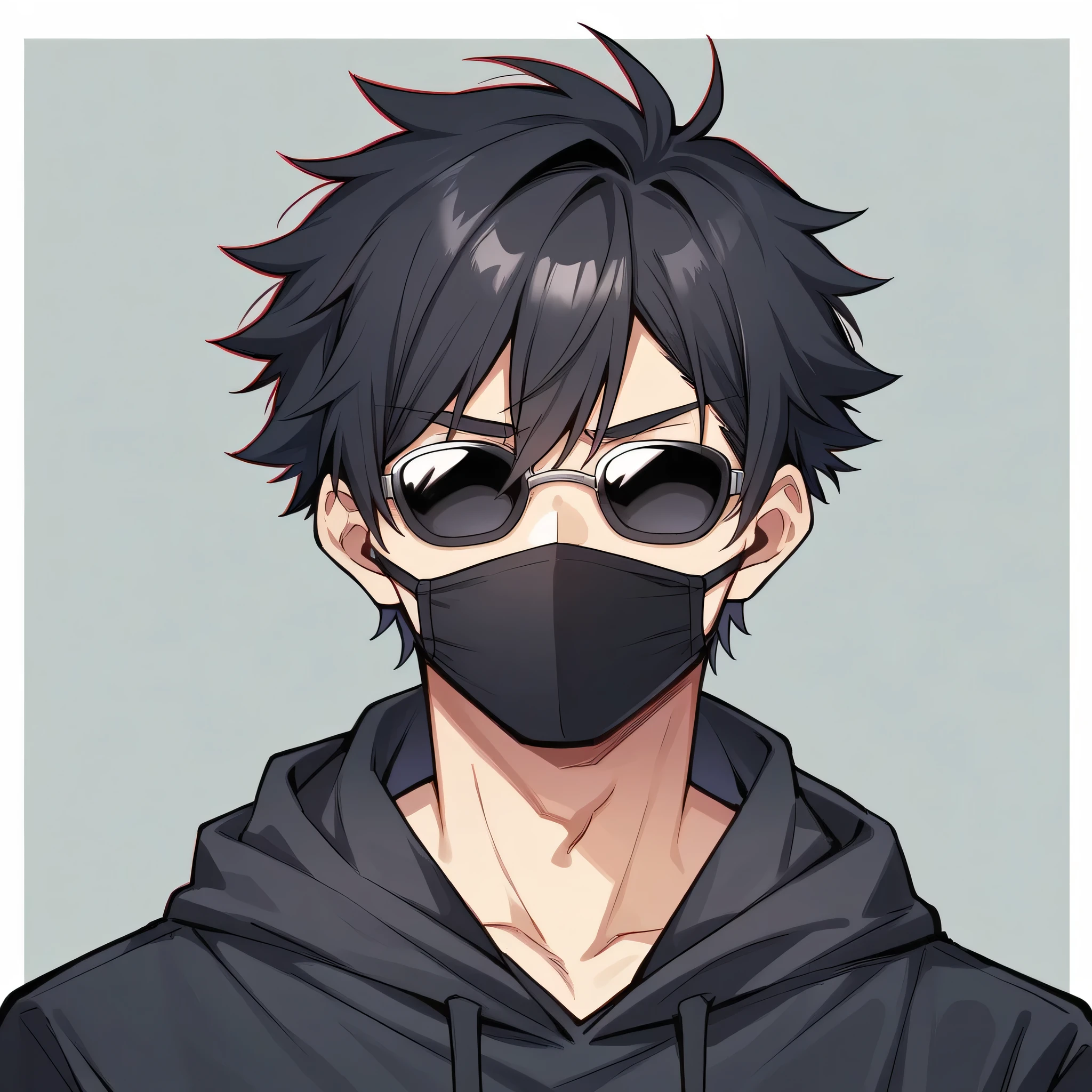 Create an anime-friendly looking male business character who appears handsome and smart.A monochromatic digital artwork featuring a boy age 24 with good face and with a serious expression, wearing a black hoodie and a black face mask . Face is cover with hoodies hood.The character has sleek black hair and futuristic sunglasses . The hoodie has a unique design of a MKP . The background is a smooth, dark, adding to the overall mysterious and cool vibe of the image