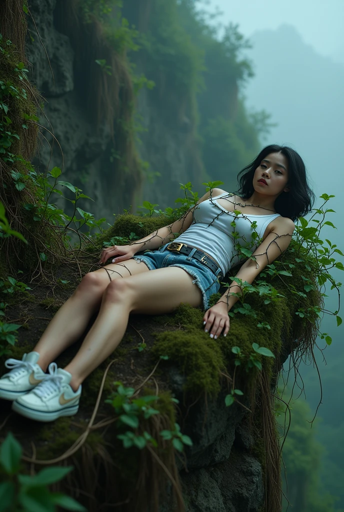 A woman wearing a nike tank top and shoes, nike shoes, supine, her legs and arms entangled in roots, entangled in leafy vines on a hillside cliff, rock, covered in moss, entangled in vine roots, closed leaf roots, beautiful woman, sensual body, big breasts, short wavy hair, beautiful Asian woman, jav idol actress, tied up with tree roots, fog, latenight,misty hillside cliff background, with front shooting angle, very realistic, (complex detail: 0.9), (hdr, hyperdetail: 1.2), RAW, Sony Alpha a9 II, 24-105mm f/4, HDR,